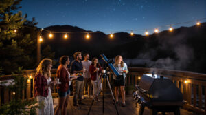 A diverse group of adults enjoys rooftop astronomy and a barbecue at twilight, gathered around a telescope and grill on a wooden deck with string lights, silhouetted foothills in the background, and a starlit sky overhead.