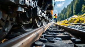 Close-up of cog railway wheel and brake system on steep mountain track as engineer in safety gear inspects the mechanism, with blurred forested hills in the background.