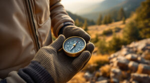Close-up of a gloved hand holding a brass compass with an off-center needle, set against blurred pine trees and rocky terrain in soft mountain light.