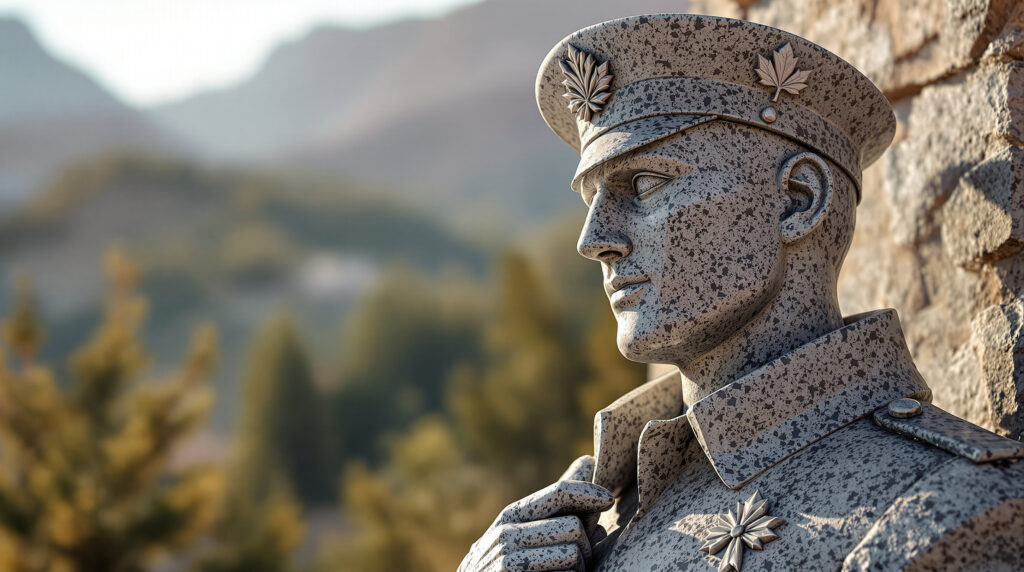 Close-up of a granite World War I doughboy statue with subtle carved maple leaf and laurel details, softly lit by morning sunlight, against a blurred backdrop of evergreens and rocky foothills.