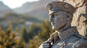 Close-up of a granite World War I doughboy statue with subtle carved maple leaf and laurel details, softly lit by morning sunlight, against a blurred backdrop of evergreens and rocky foothills.