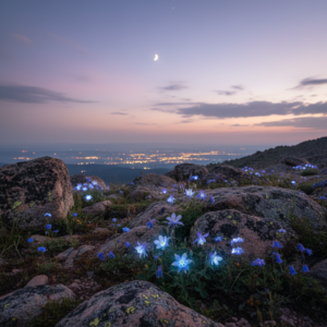 Alpine wildflowers including blue columbine and forget-me-nots glowing at twilight among granite rocks above treeline, with a crescent moon in a pastel sky and distant city lights below, evoking a serene mountain evening near Manitou Springs, Colorado.