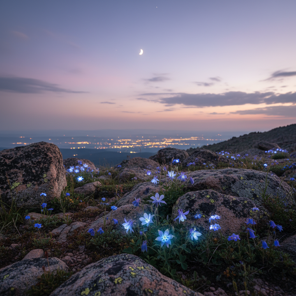 Alpine wildflowers including blue columbine and forget-me-nots glowing at twilight among granite rocks above treeline, with a crescent moon in a pastel sky and distant city lights below, evoking a serene mountain evening near Manitou Springs, Colorado.