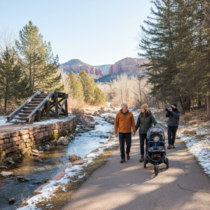 A group of hikers, including an older couple, a woman pushing a stroller, and a photographer, walk along a paved creekside trail bordered by stone walls and a wooden ramp, with snow patches, evergreen trees, and red rock foothills in the background on a sunny winter day.