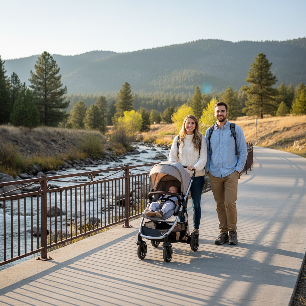 Parents stand beside a baby stroller on a wide concrete creekside path with railings, pine trees, and mountains in the background near Manitou Springs, Colorado