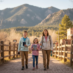 Family with two kids walking along a fenced path in Manitou Springs, Colorado, holding a small passport booklet and sticker sheet with mountains in the background.