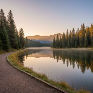 Sunrise over a calm mountain reservoir with pine trees and distant peaks reflected in the water, as two hikers walk along a gravel shoreline trail near Manitou Springs, Colorado.