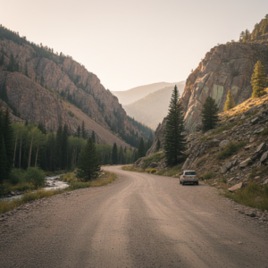 SUV driving on a winding gravel road through a rocky canyon with green-streaked cliffs, pine trees, and a creek in the Pikes Peak region near Manitou Springs, Colorado