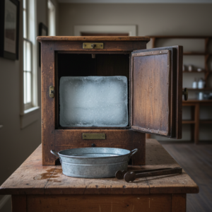 Vintage wooden icebox with a large ice block inside, a metal drip pan, and ice tongs on a rustic table in soft window light.