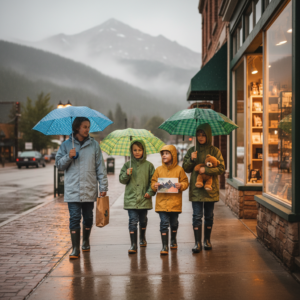 Family with three children in rain jackets walks along a wet downtown Manitou Springs sidewalk under umbrellas, passing a warmly lit gift shop window with misty mountains in the background.