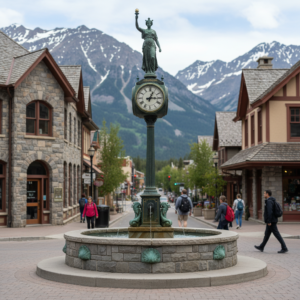 Cast-iron street clock topped with a statue and set in a round fountain as pedestrians walk through a mountain town street with snowy peaks in the background.